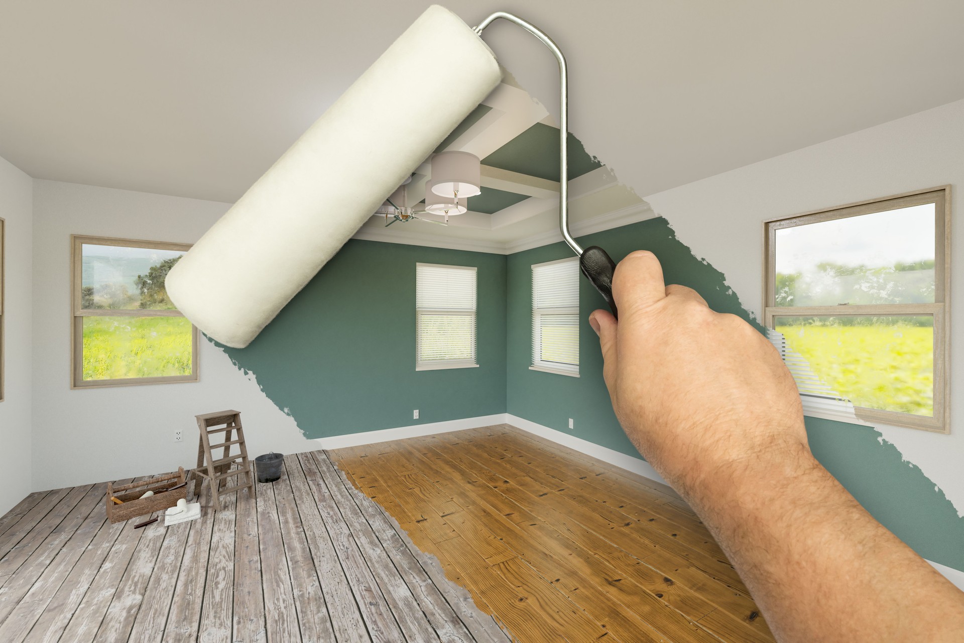 Before and After of Man Using A Paint Roller to Reveal Newly Remodeled Room with Fresh Green Paint, Coffered Ceiling and New Floors.